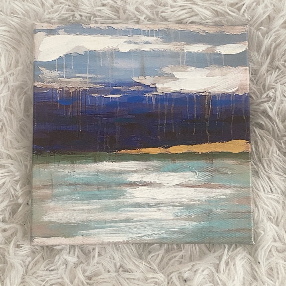 Minimalist Acrylic Artwork – Blue, Gold, White & Pastel Blue on Canvas (8x8)